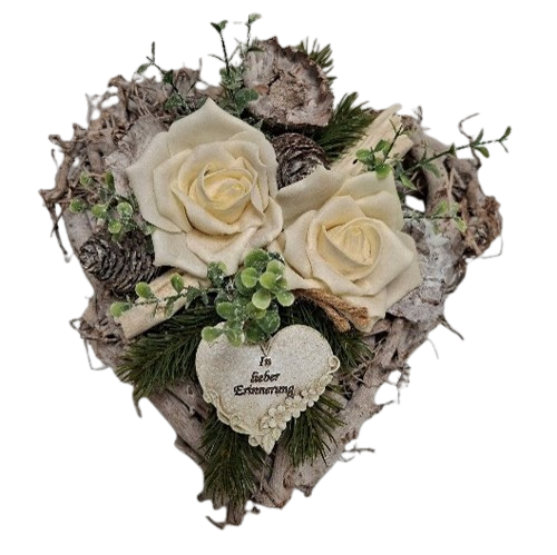 Holzherz-Gesteck mit Rosen in Creme-Weiß