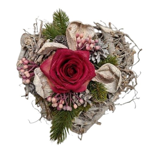 Holzherz-Gesteck mit Rosen in Rot-Rosa