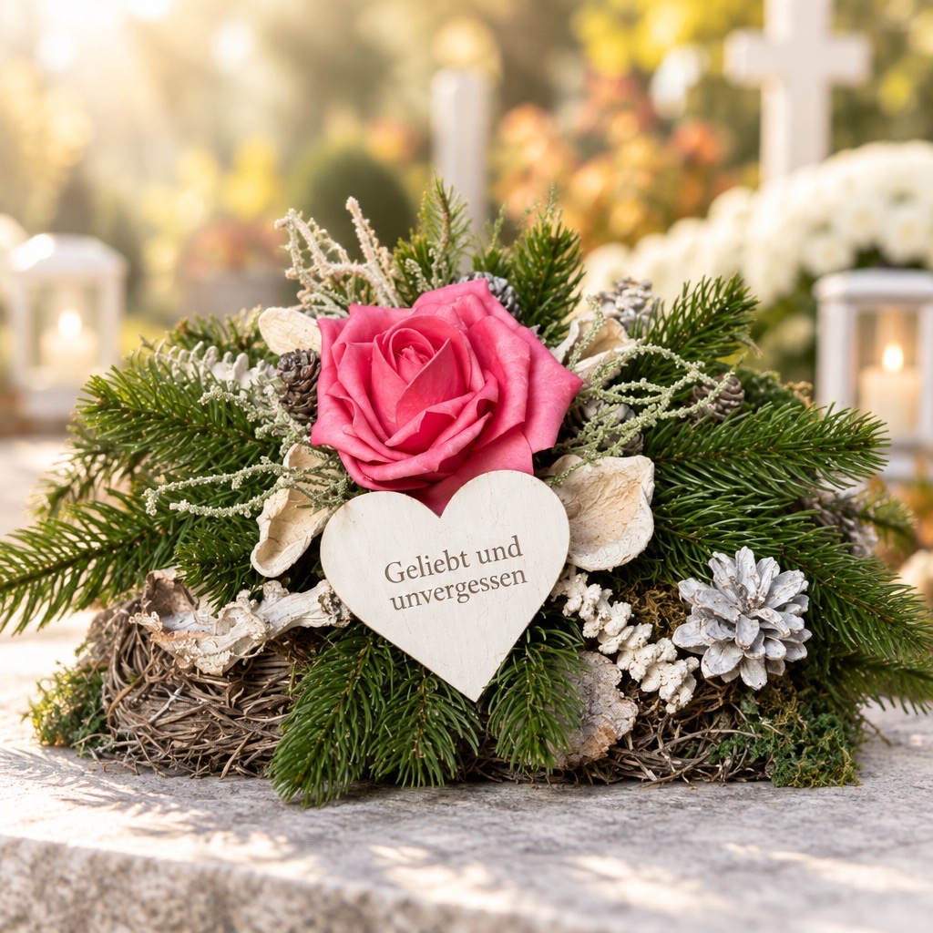 Trauerkissen mit Rose in Rosa, Herz & Spruch