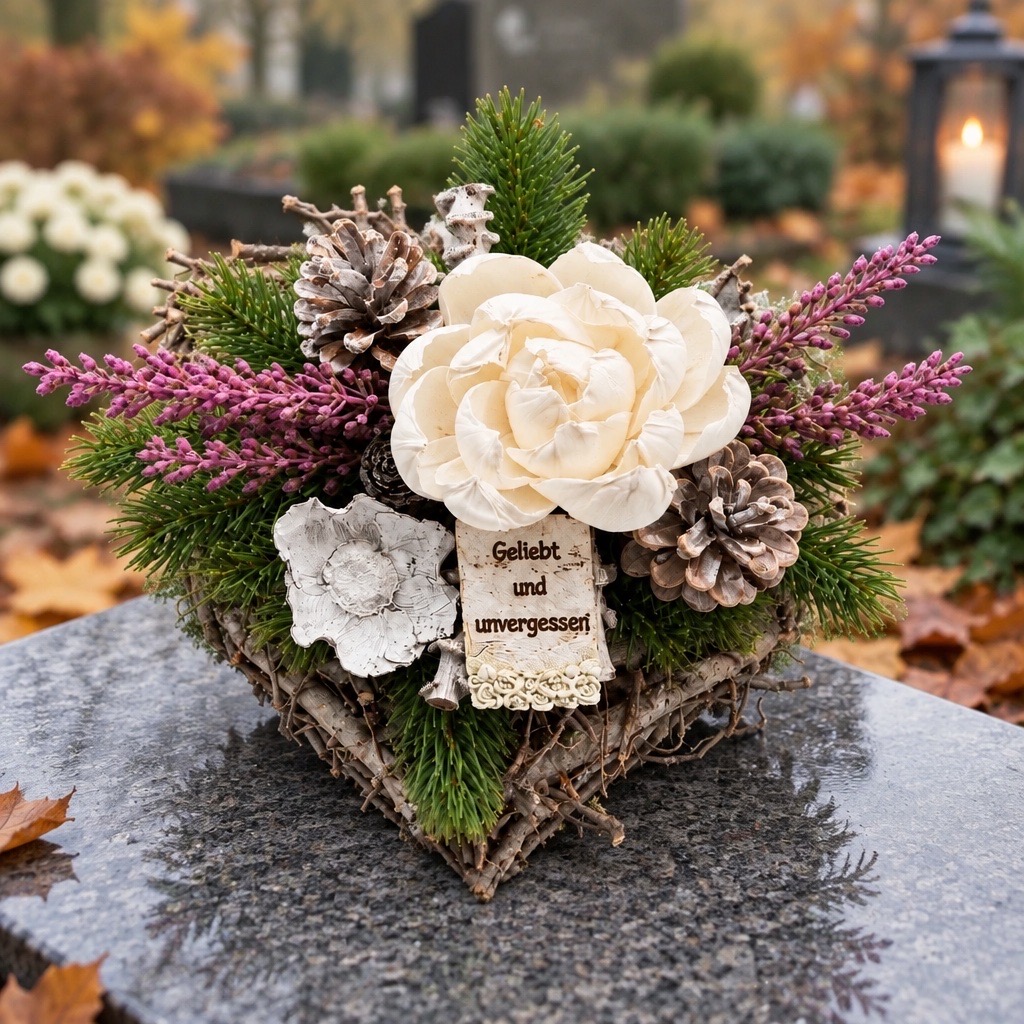 Holzherz Gesteck Weiß-Creme mit Engel & Rose – Grabdeko 27×27×15 cm