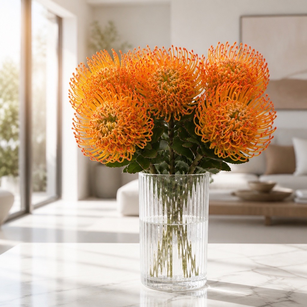 5 Stiele Leucospermum Ayoba Sun (Nadelkissen in Gelb-Orange)