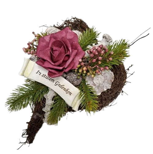 Sisalherz-Gesteck mit Rose und Spruchband