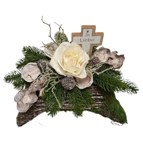 Trauerkissen aus Holz & künstlichem Moos mit Rose, Kreuz & Spruch – Weiß/Creme Trauerkissen aus Holz & künstlichem Moos mit Rose, Kreuz & Spruch – Weiß/Creme