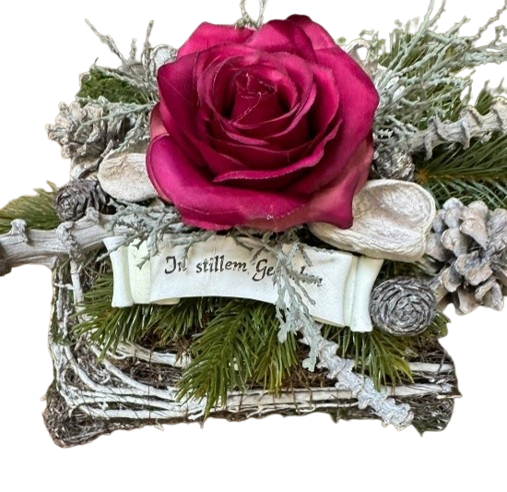 Trauerkissen mit Rose in Rot/Pink & Spruchband Trauerkissen mit Rose in Rot/Pink & Spruchband