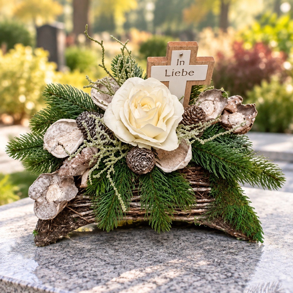 Trauerkissen aus Holz & künstlichem Moos mit Rose, Kreuz & Spruch – Weiß/Creme