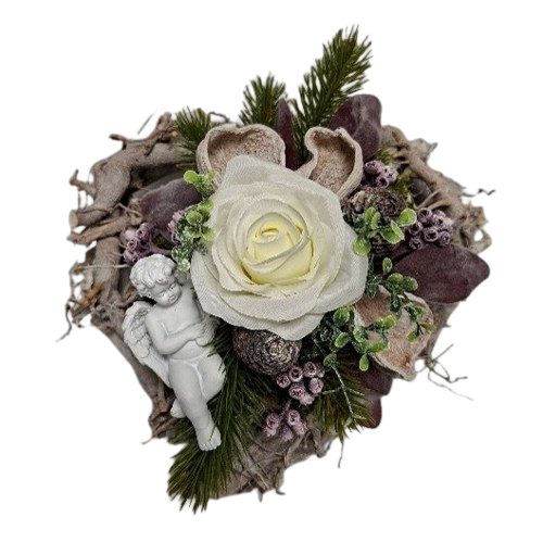 Holzherz-Gesteck in Weiß-Creme mit Rose & Engel Holzherz-Gesteck in Weiß-Creme mit Rose & Engel
