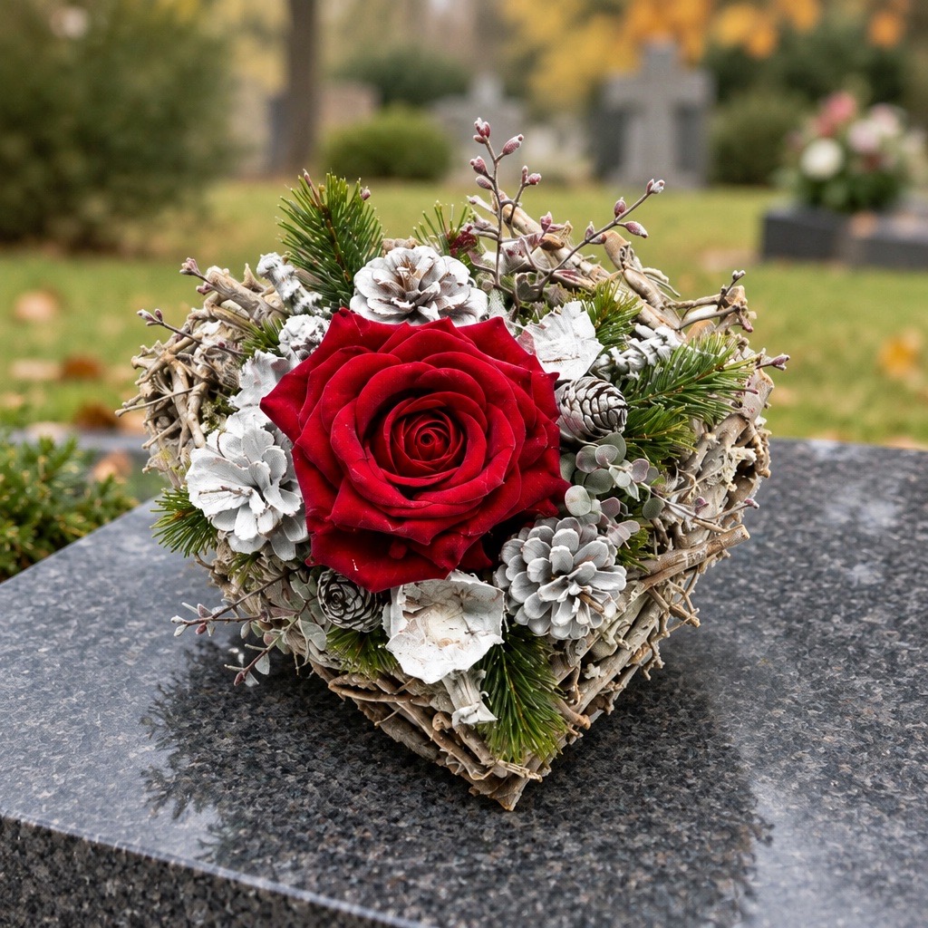 Holzherz-Gesteck mit Rose in rot