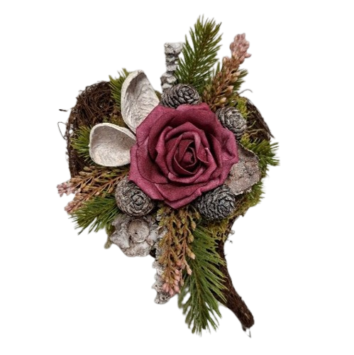 Sisalherz-Gesteck mit roter Rose