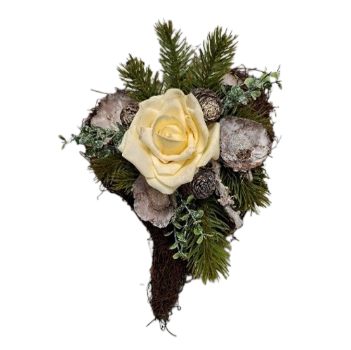 Sisalherz-Gesteck mit Rose & Eukalyptus Sisalherz-Gesteck mit Rose & Eukalyptus