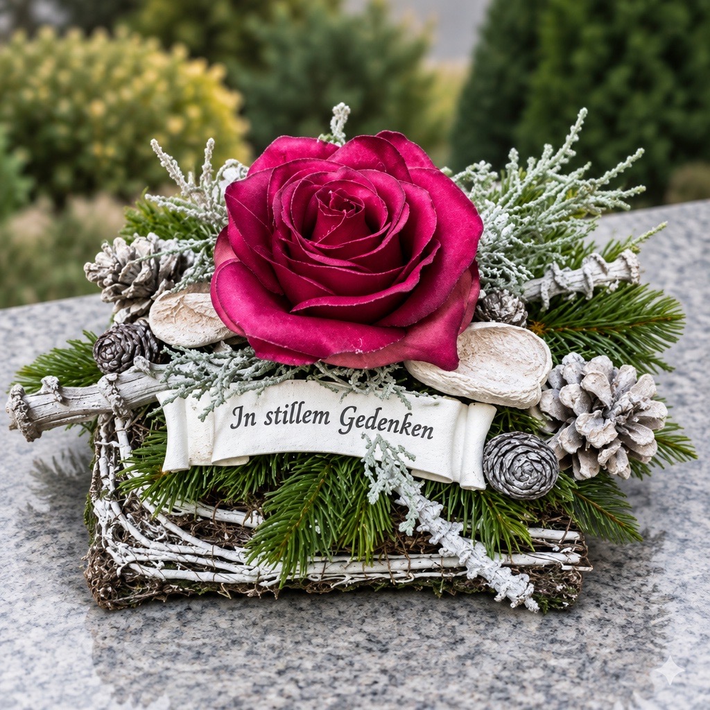 Trauerkissen mit Rose in Rot/Pink & Spruchband