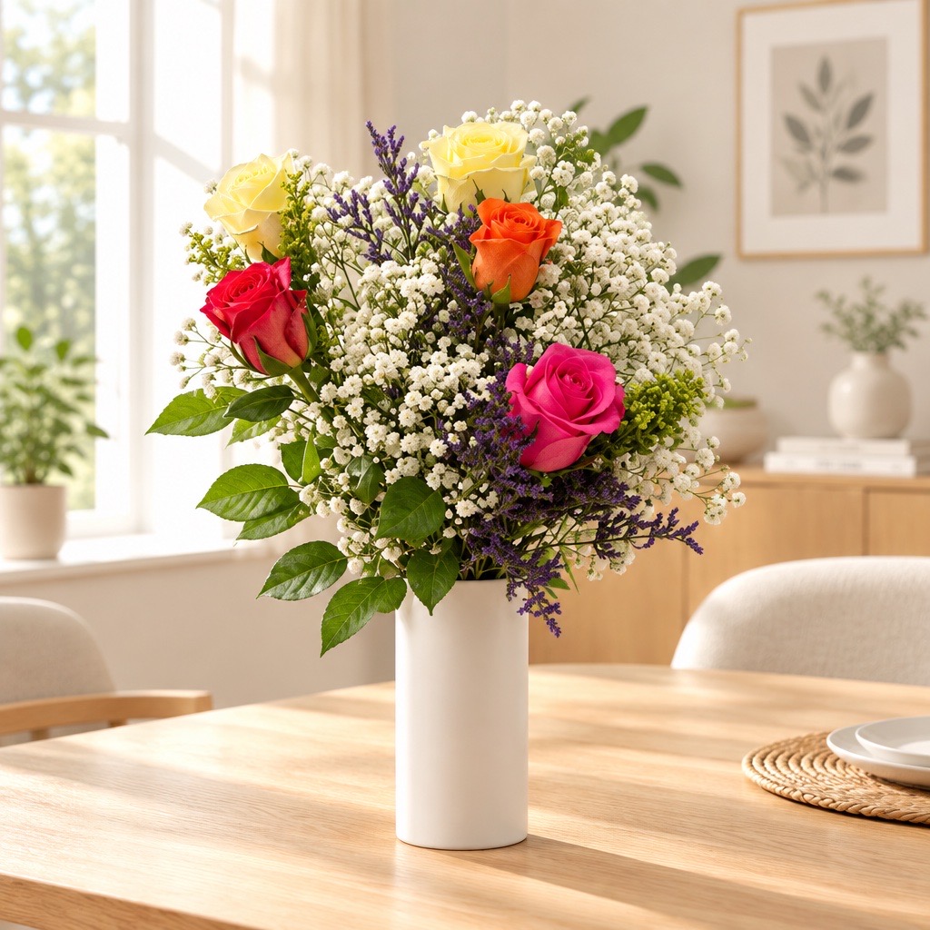 Blumenstrauß mit Rosen und Schleierkraut