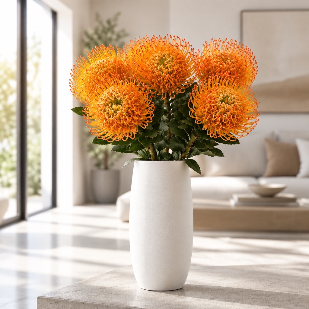 5 Stiele Leucospermum Ayoba Sun (Nadelkissen in Gelb-Orange)