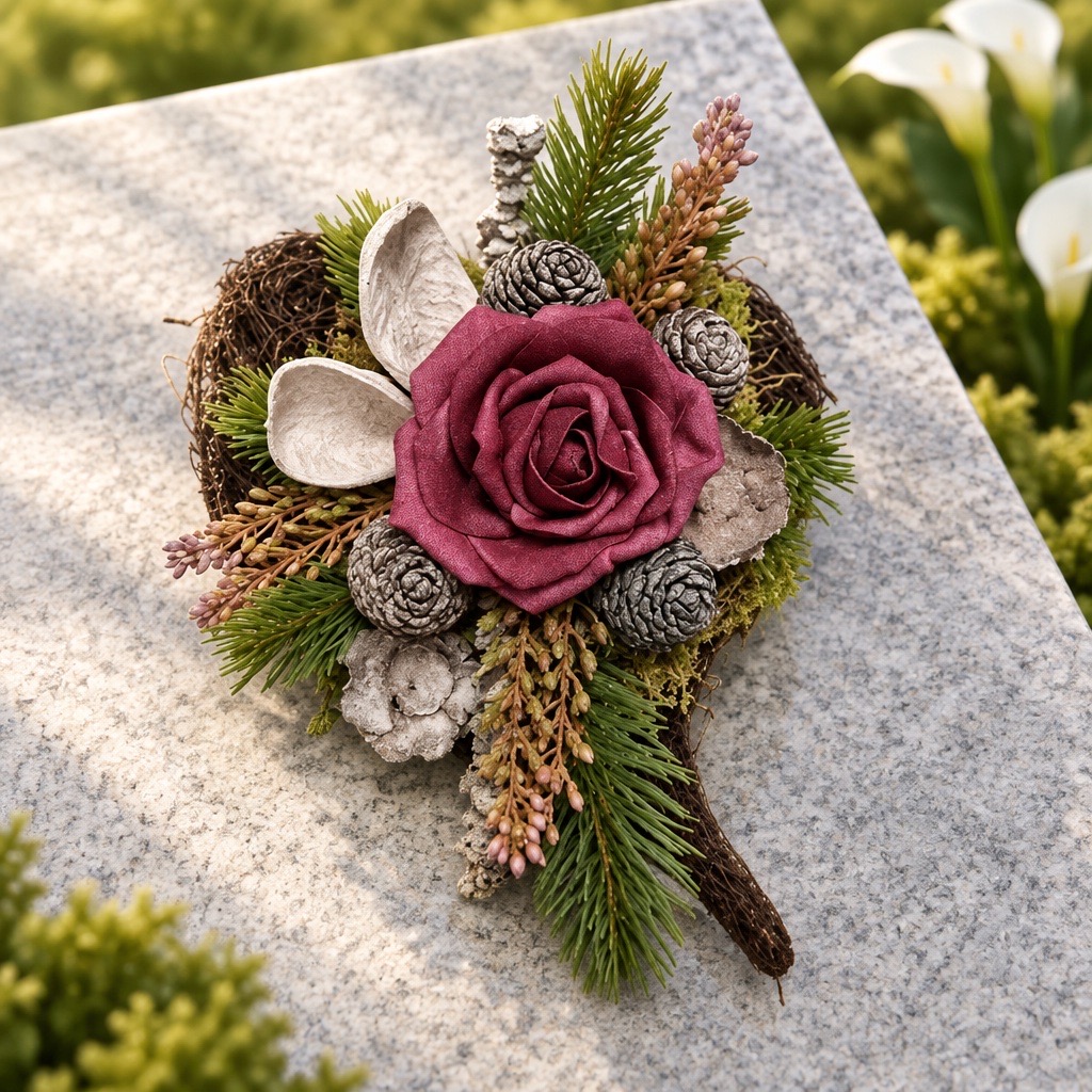Sisalherz-Gesteck mit roter Rose